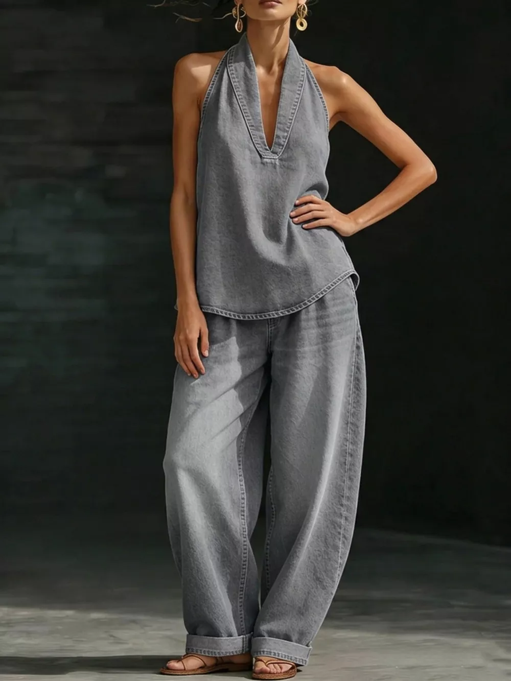 Full Size Halter Neck Top and Wide Leg Pants Plus Size, image 5