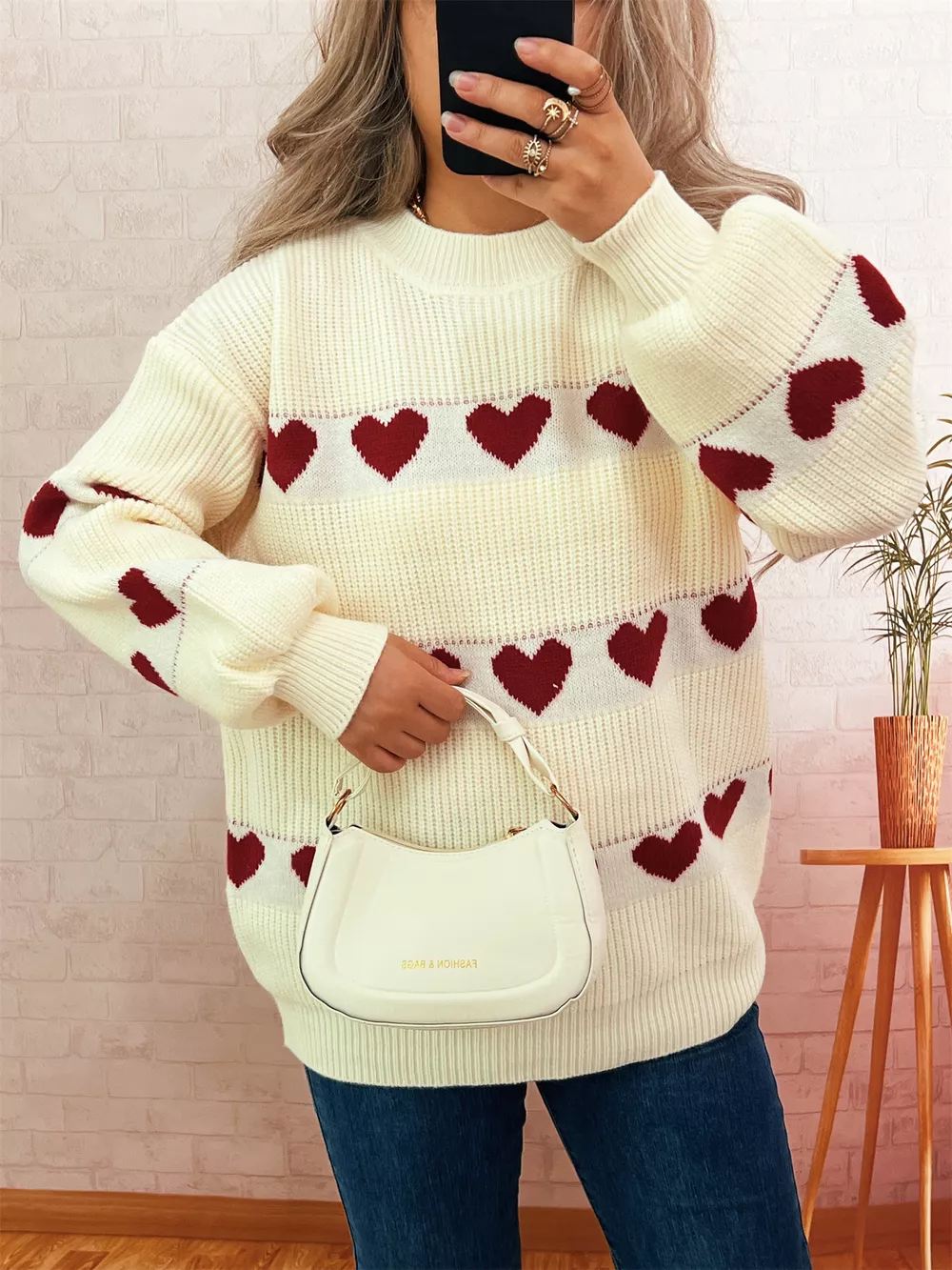 Heart Pattern Dropped Shoulder Sweater, image 2