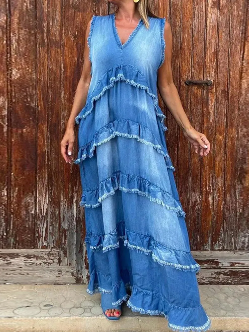 Raw Hem Layered Denim Maxi Dress, image 3