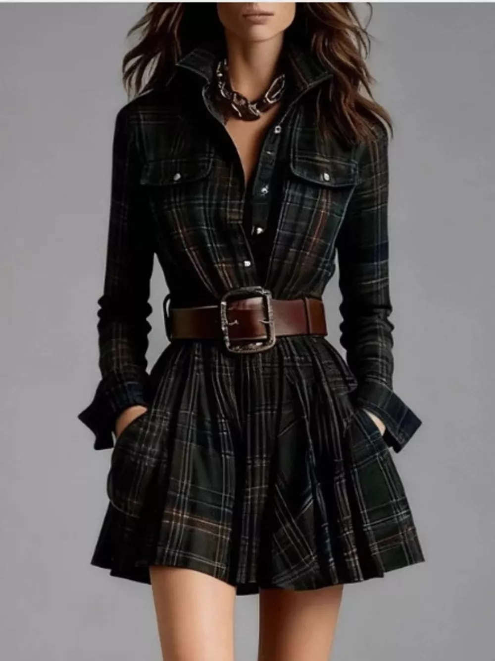 Plaid Long Sleeve Shirt Dress