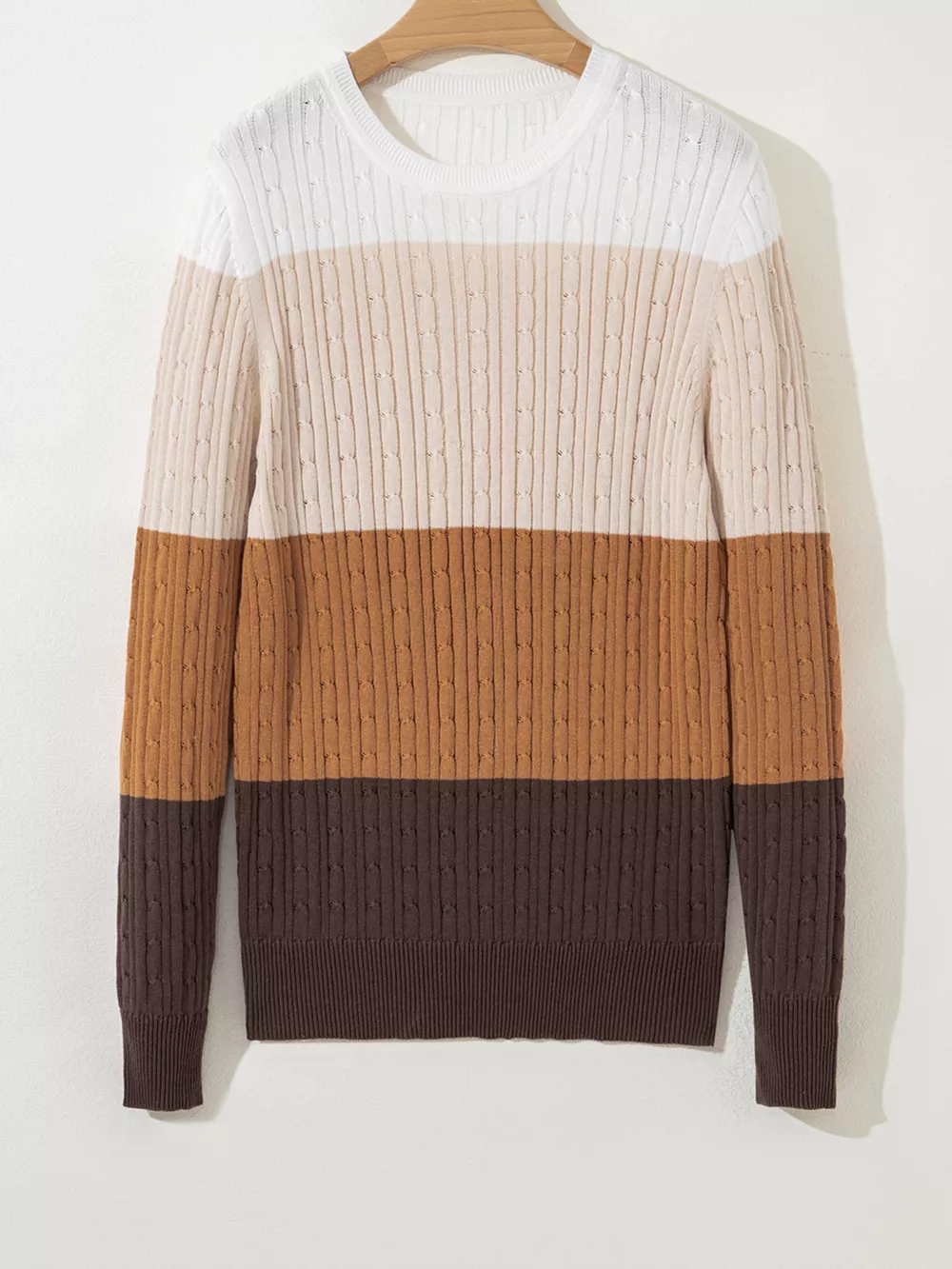 Colorblock Cable Knit Round Neck Sweater, image 8