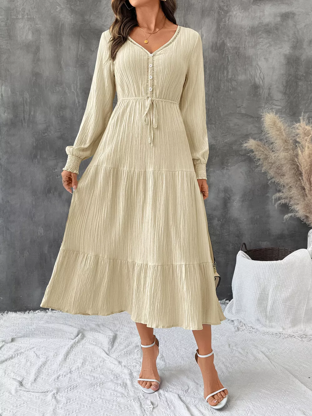 Tiered V-Neck Long Sleeve Dress, image 7