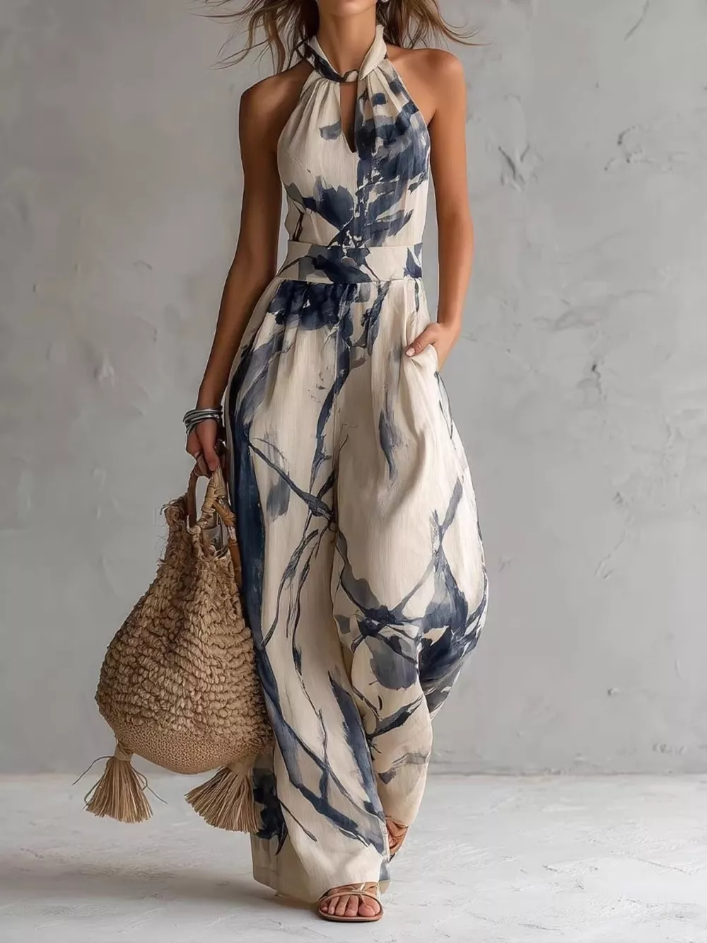Ink Wash Print Halter Neck Wide-Leg Jumpsuit, image 2