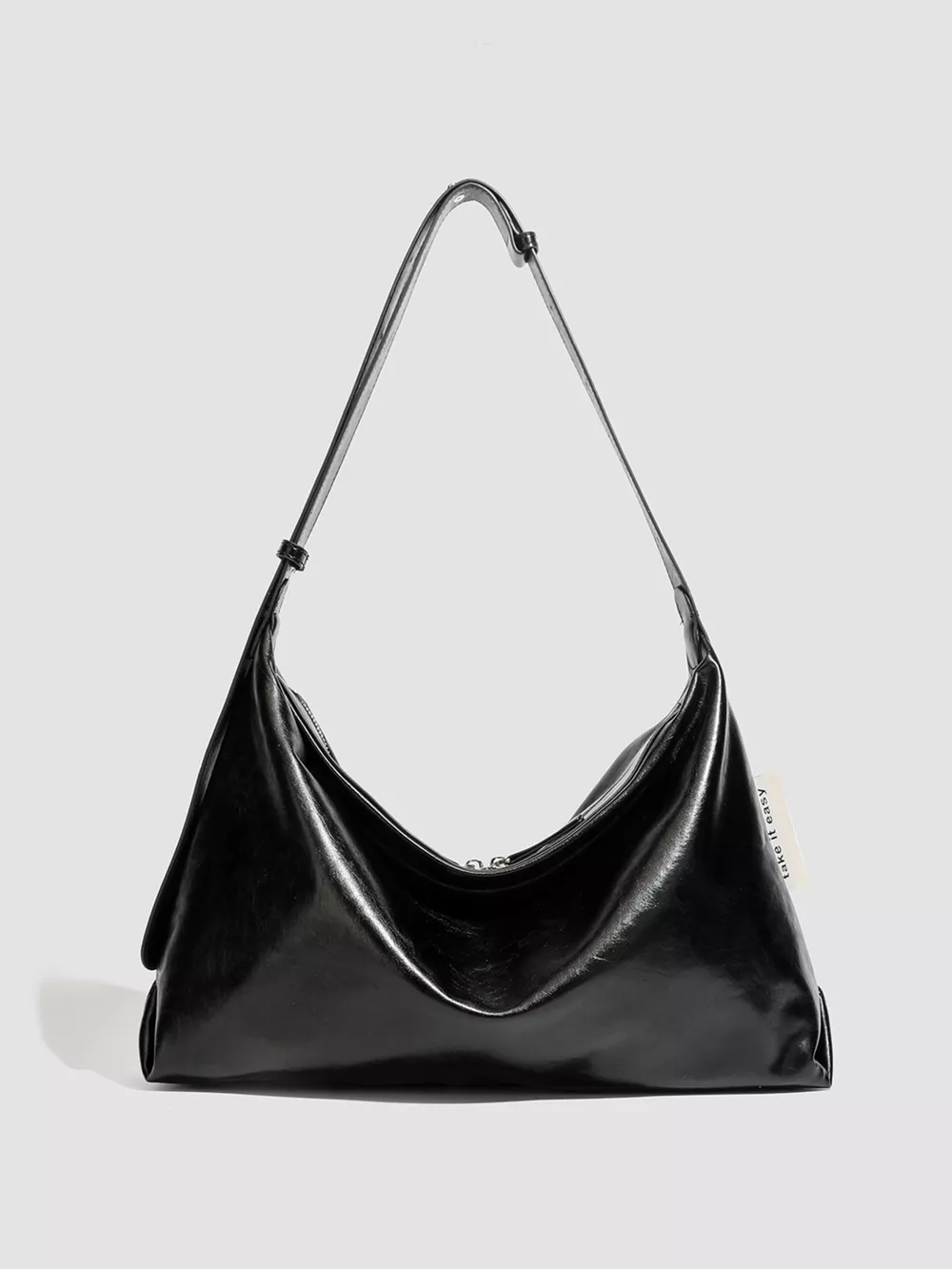 Minimalist Glossy Leather Slouchy Shoulder Bag