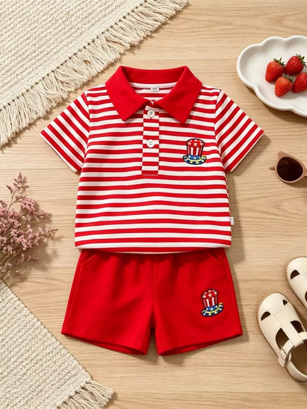 Children's Patriotic Striped Polo & Shorts Set, image 2