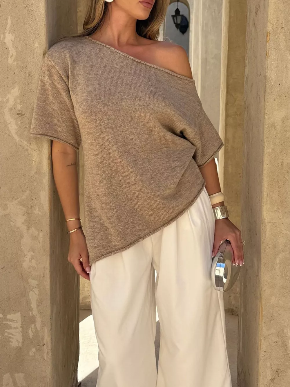 One Shoulder Short Sleeve Knit Top, image 3