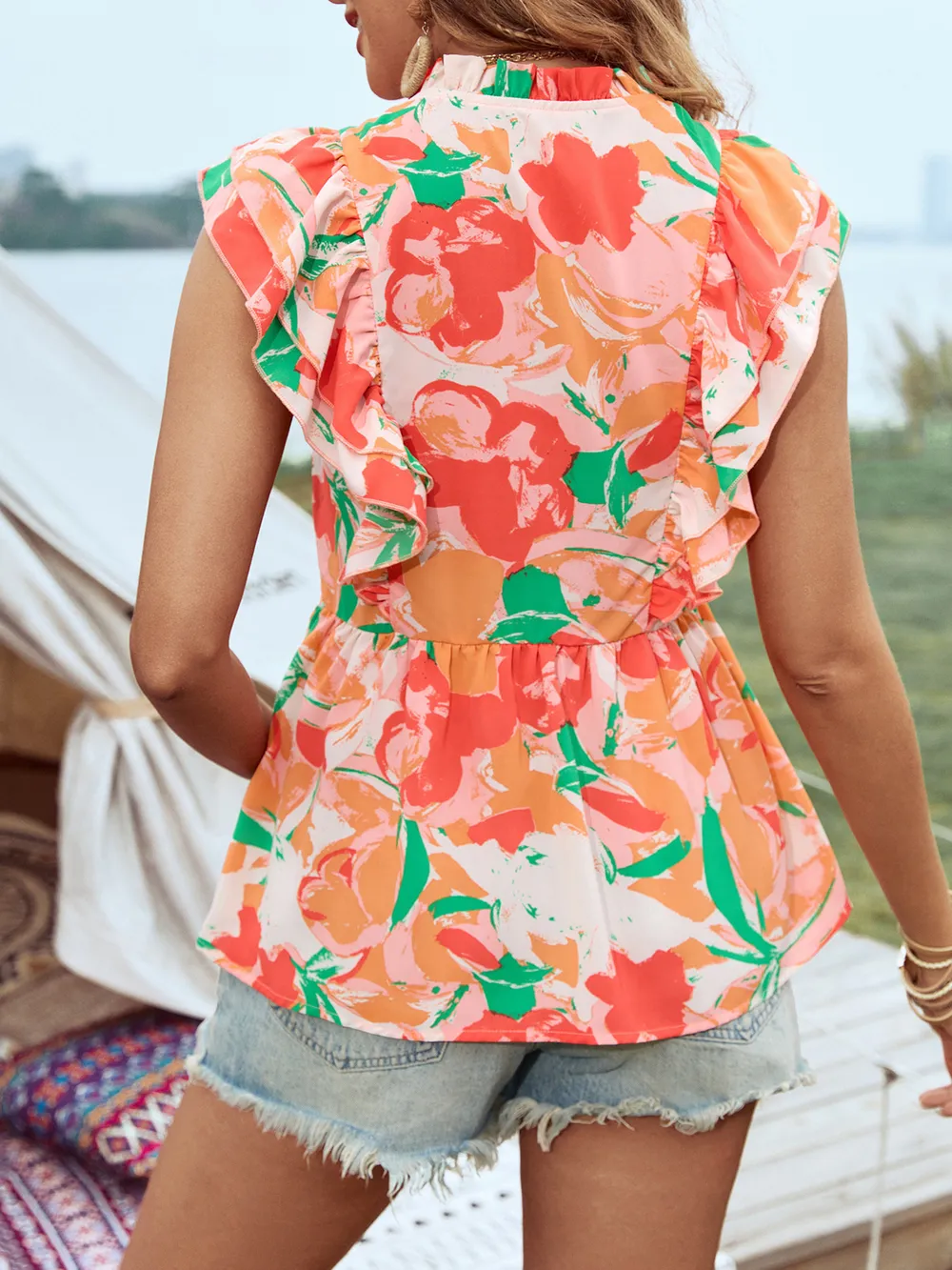 Floral Ruffle Cap Sleeve Blouse, image 3