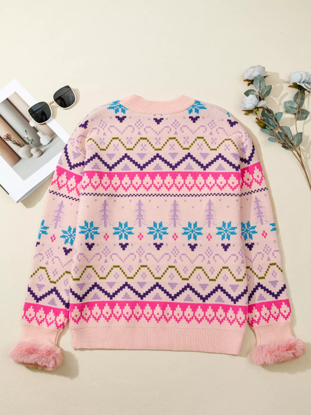 Multicolour Ethnic Christmas Pattern Knit Feather Cuffed Sweater, image 8