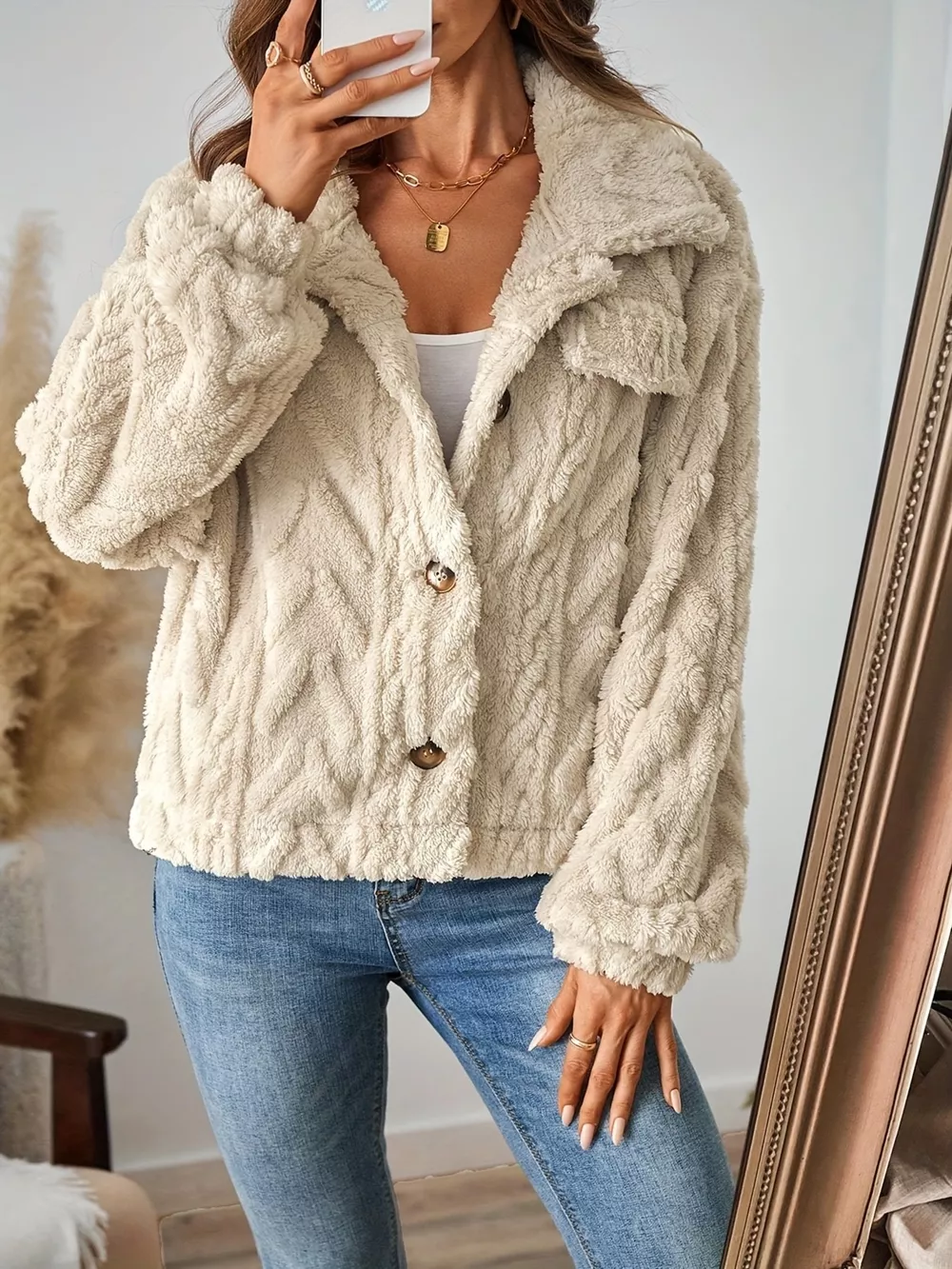 Cozy Textured Fleece Button-Up Outerwear, image 4
