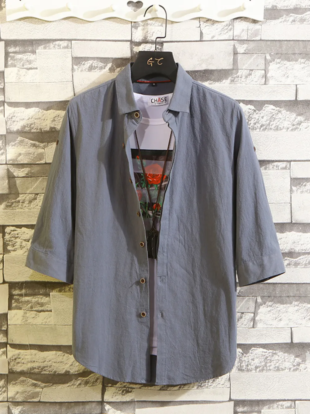 Men's Plus Size Button Up 3/4 Sleeve Shirt, image 7