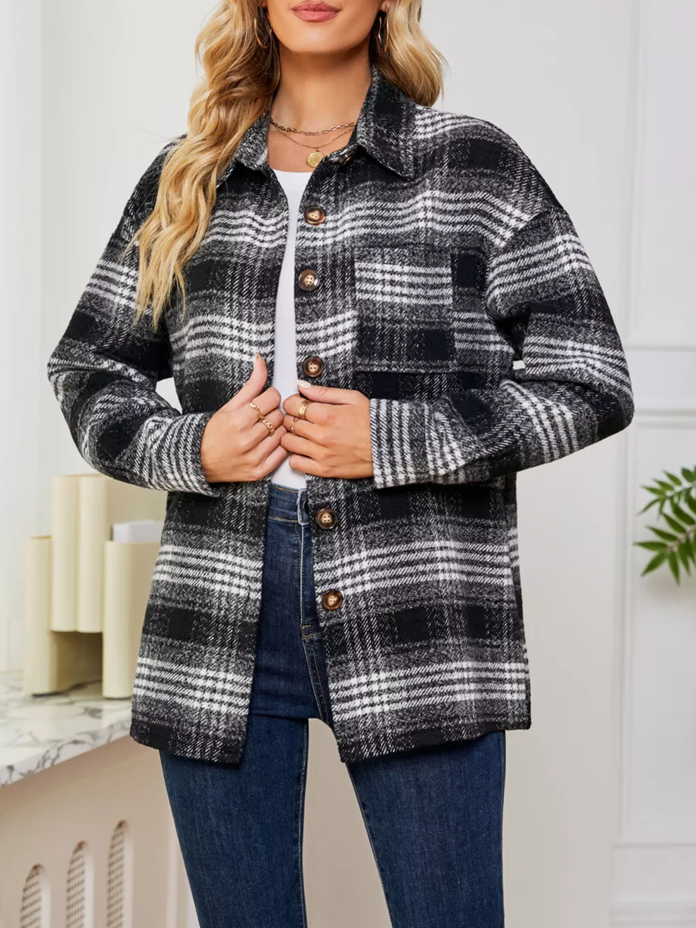 Plaid Button Up Long Sleeve Shacket, image 14
