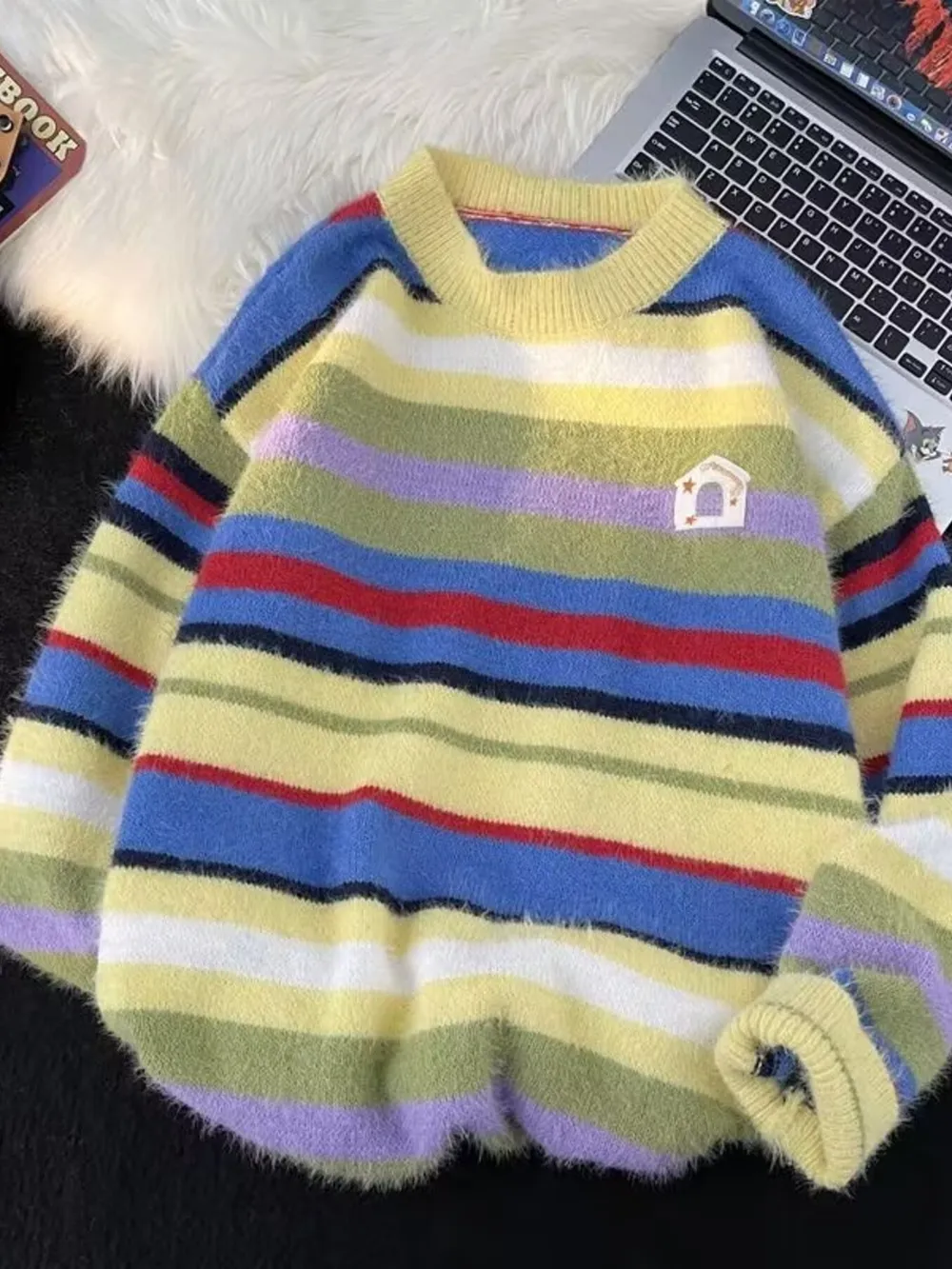 Men's Striped Fuzzy Knit Round Neck Sweater, image 2