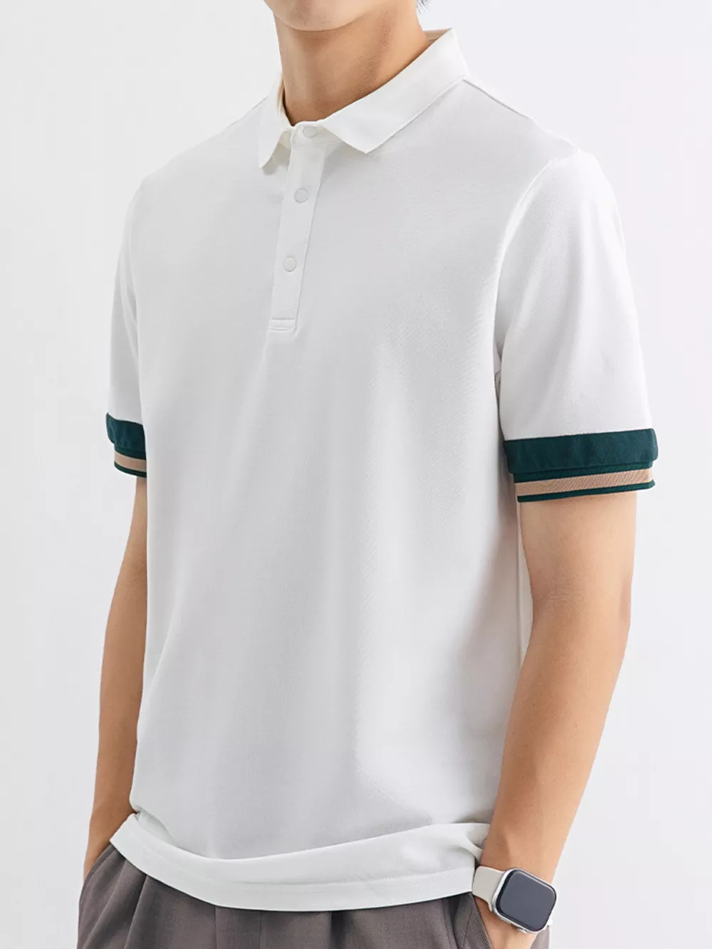 Men's Plus Size Button Detail Striped Cuff Polo, image 2