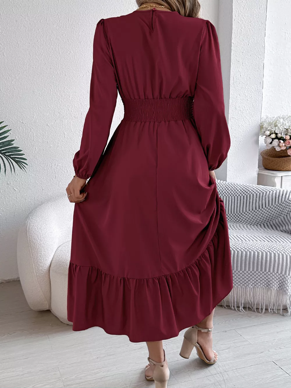 Round Neck Balloon Sleeve Tiered Dress, image 16