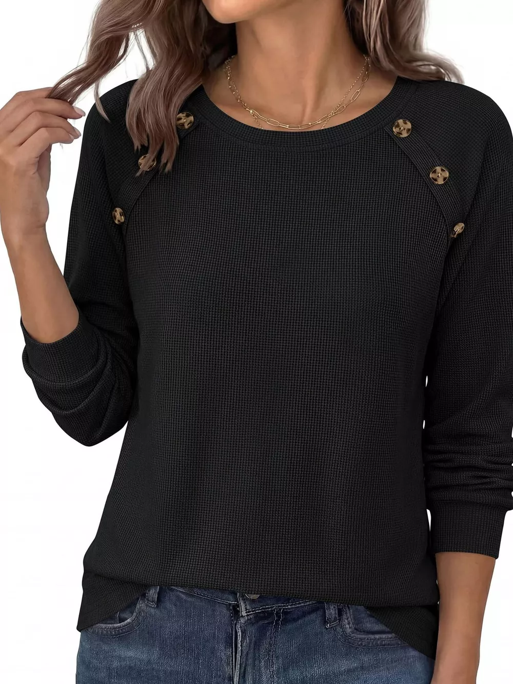 Decorative Button Waffle Knit Long Sleeve T-Shirt, image 17