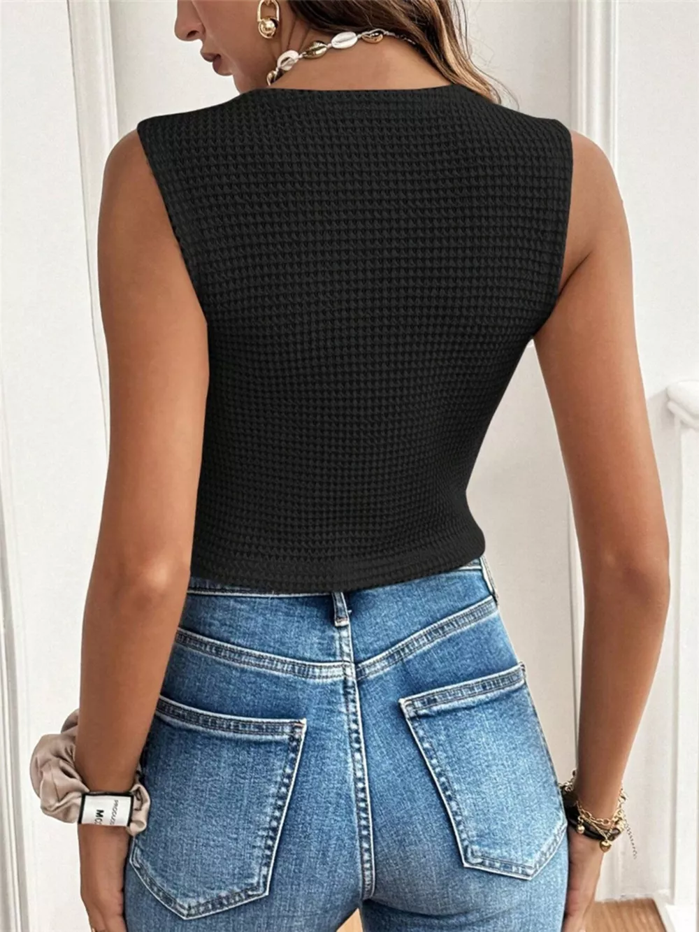 Textured Button-Front Sleeveless Vest Top, image 8