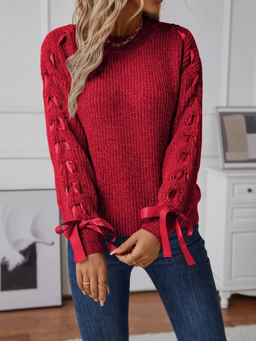 Ribbon-Tie Sleeve Round Neck Sweater, image 8