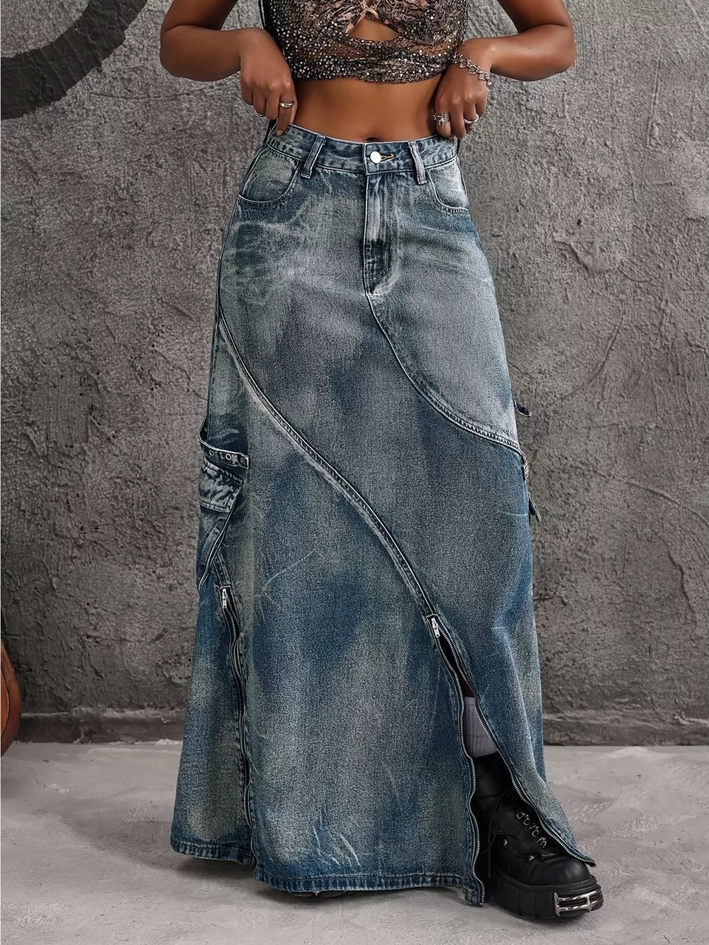 High-Waisted Denim Maxi Skirt with Zipper Slit, image 2