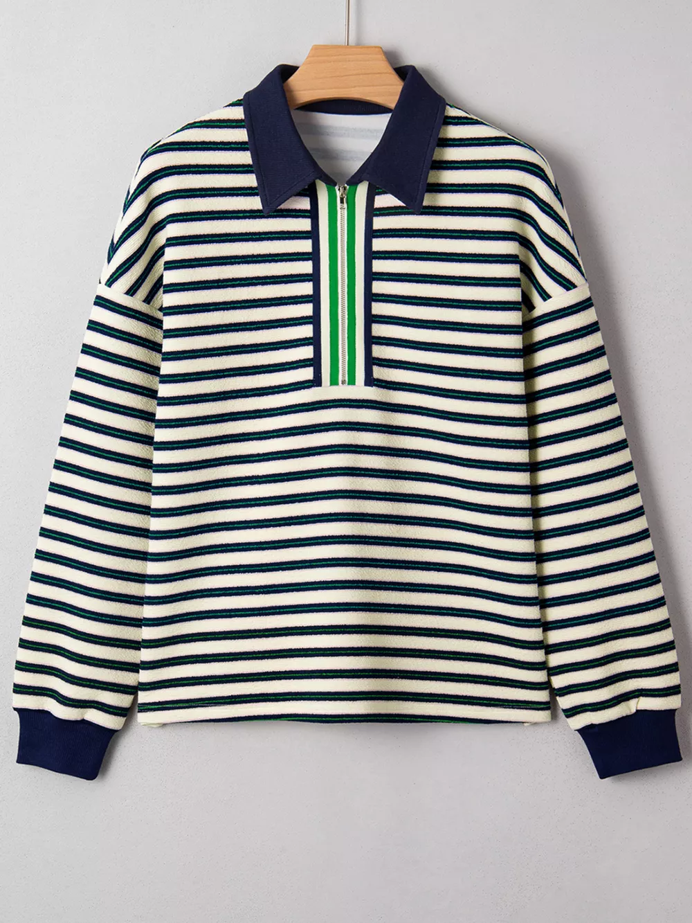 Striped Print Contrast Collar Zip V Neck Long Sleeve Top, image 6