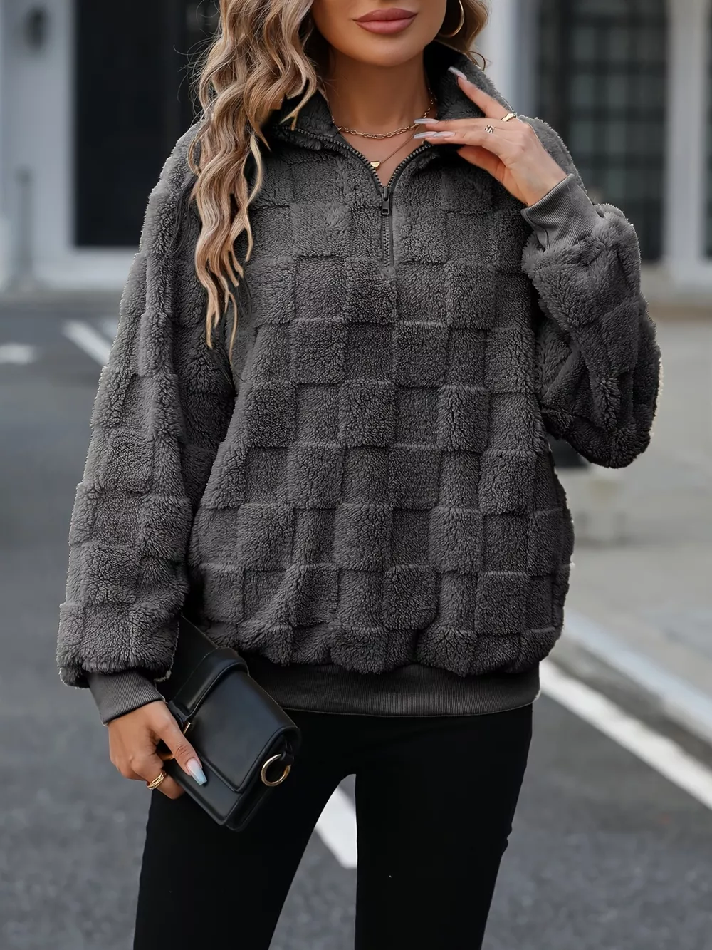 Cozy Checkered Fleece Quarter Zip Sweatshirt, image 5