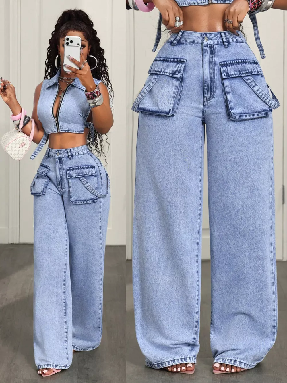 High-Waisted Wide-Leg Cargo Jeans