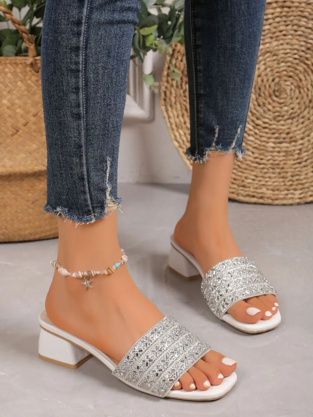 Rhinestone Open Toe Block Heels Sandals, image 5