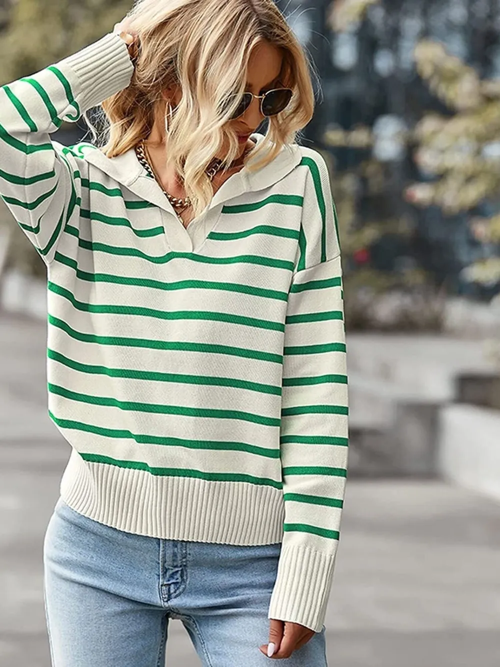 Ribbed Hem Long Sleeve Striped Sweater, image 11
