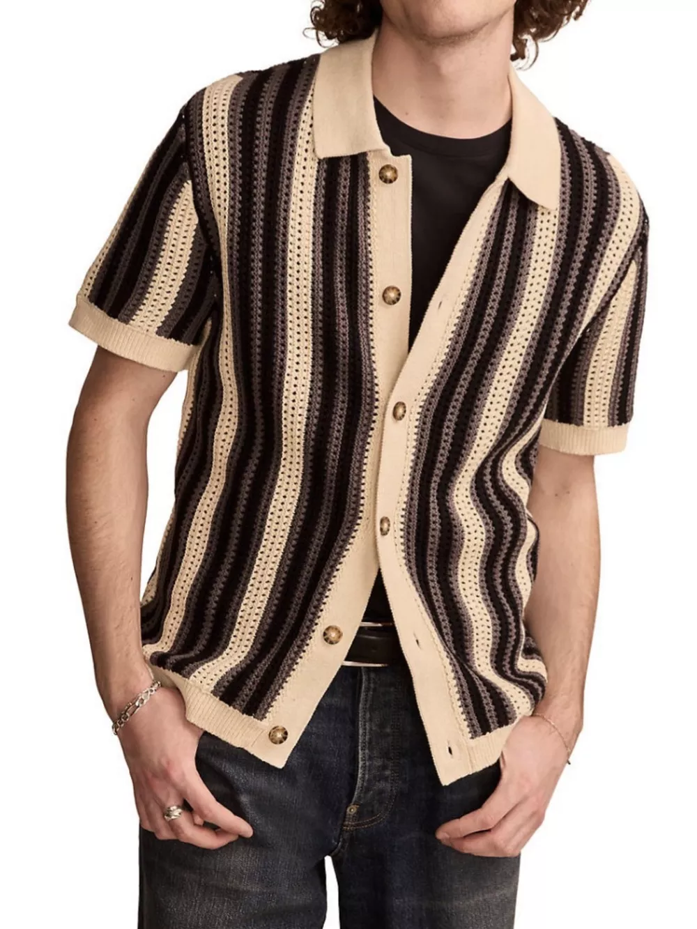 Men's Plus Size Striped Button Up Short Sleeve Cardigan, image 3