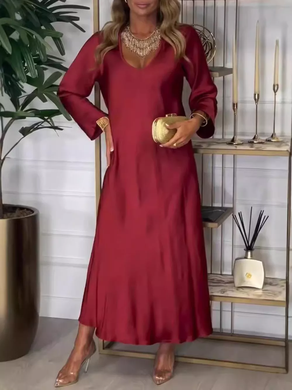 Full Size V-Neck Long Sleeve Midi Dress Plus Size, image 15