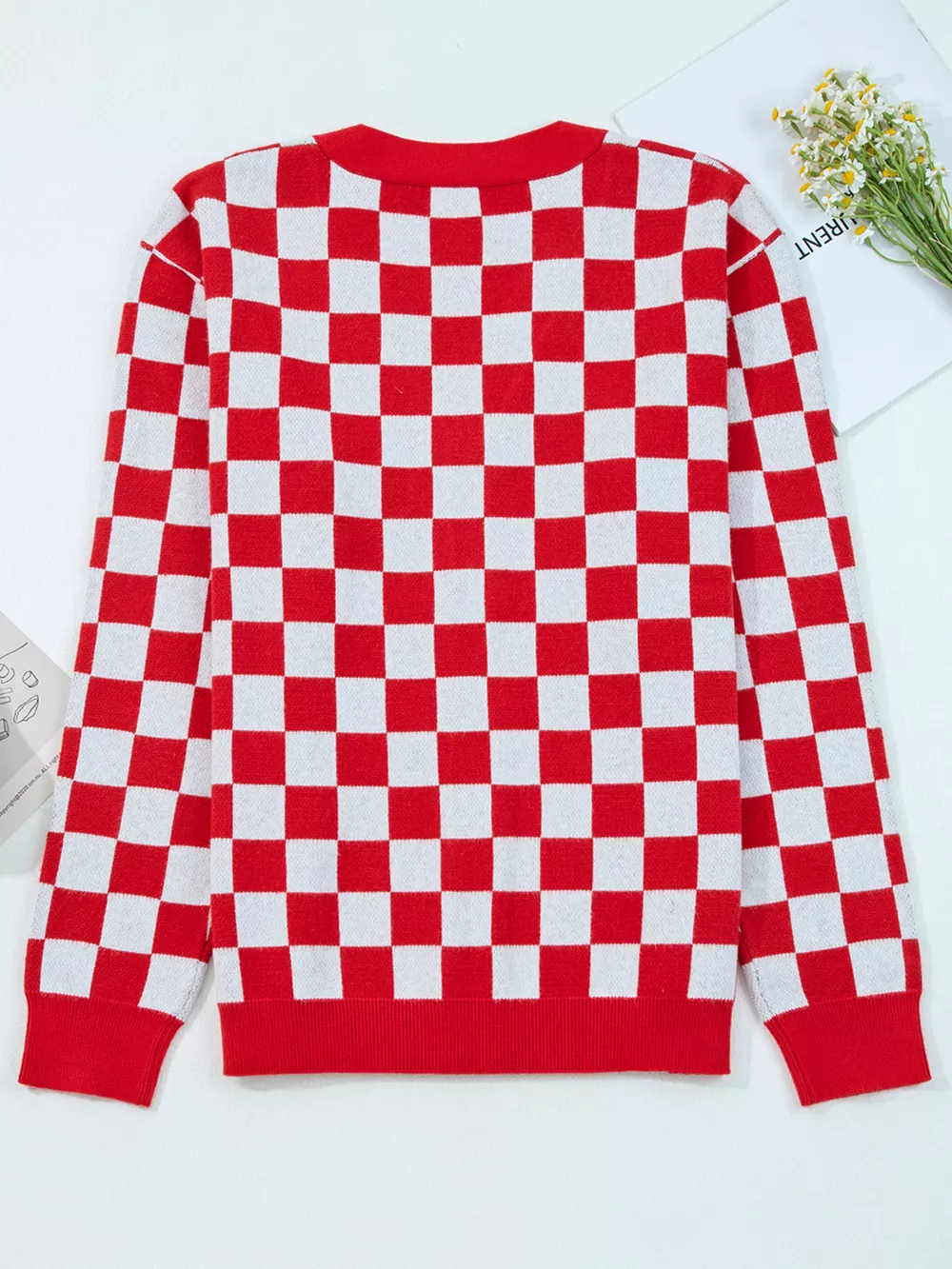 Christmas Tree Pattern Checkered Button V Neck Cardigan, image 15
