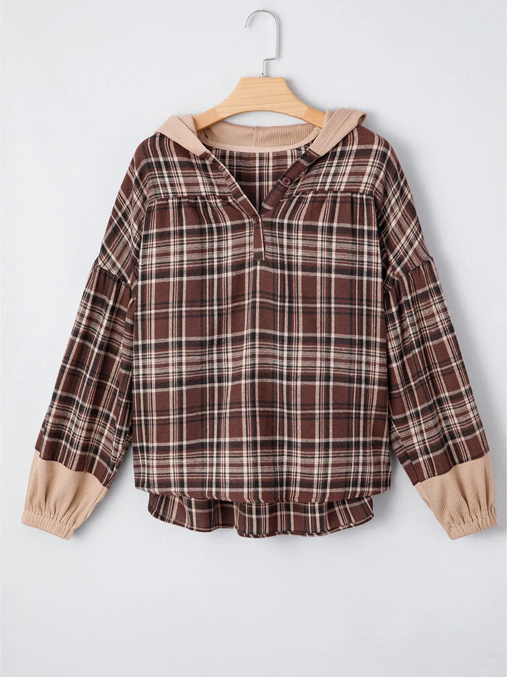 Plaid Patchwork Long Sleeve Hooded Top, image 5