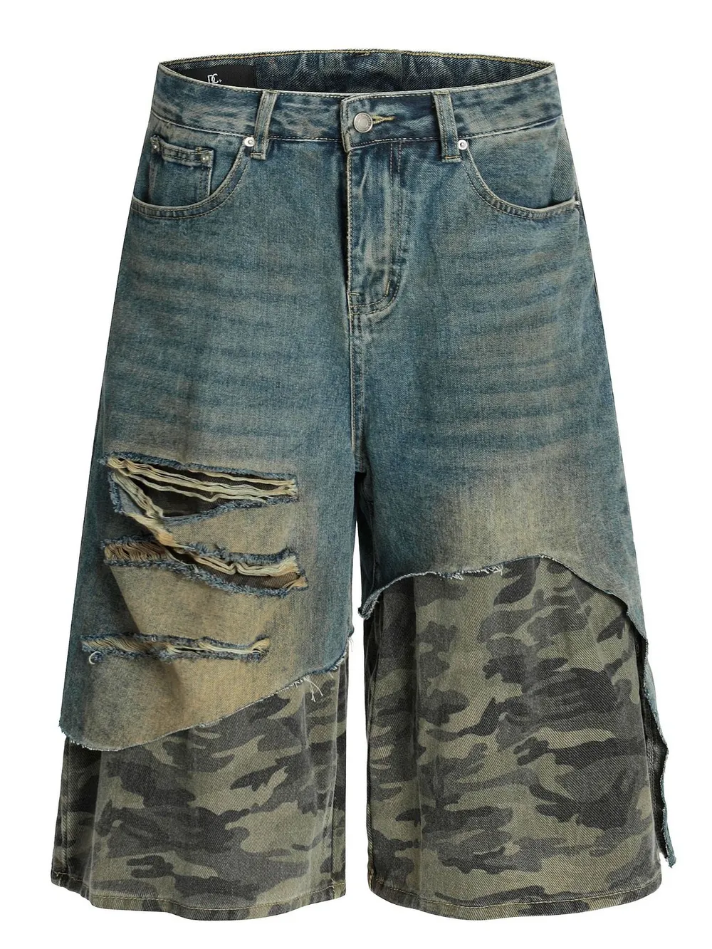 Men's Distressed Camo Patchwork Denim Shorts, image 2