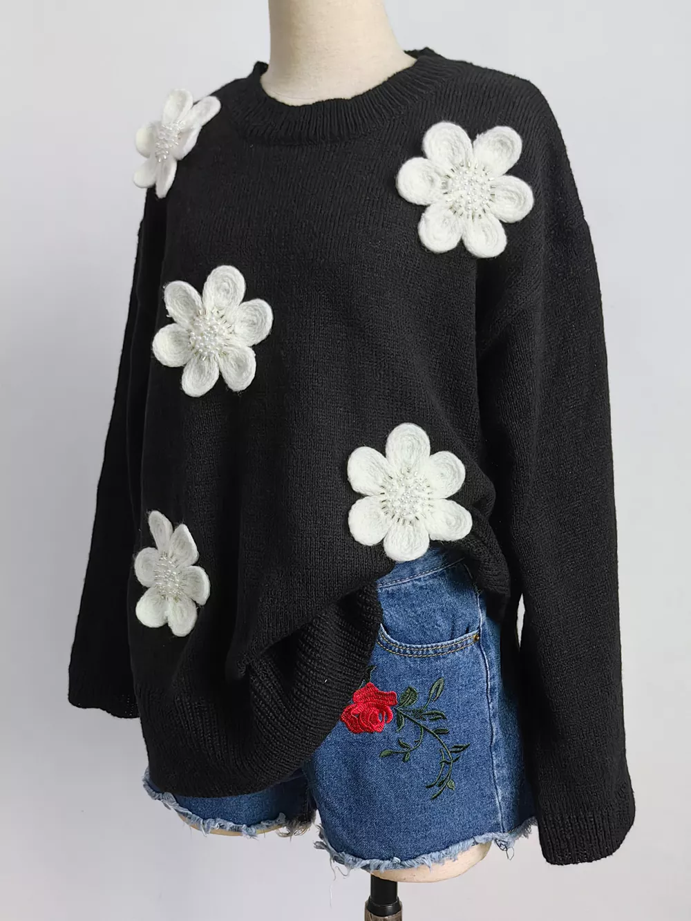 Floral Applique Crew Neck Sweater, image 6