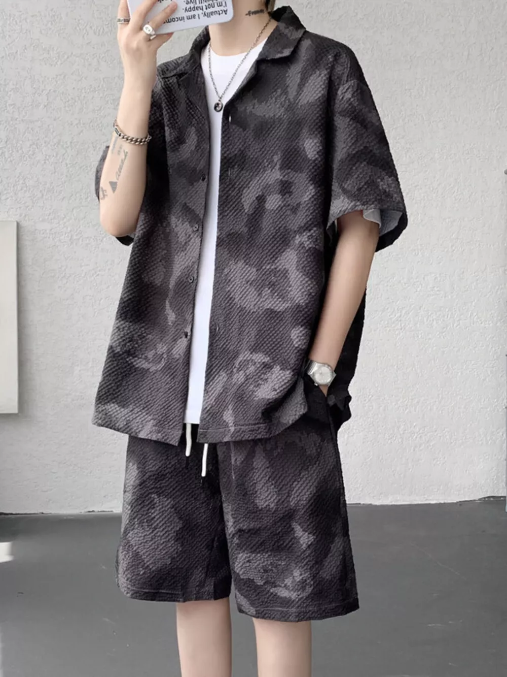 Men's Plus Size Casual Camouflage Print Shirt & Shorts Set, image 2