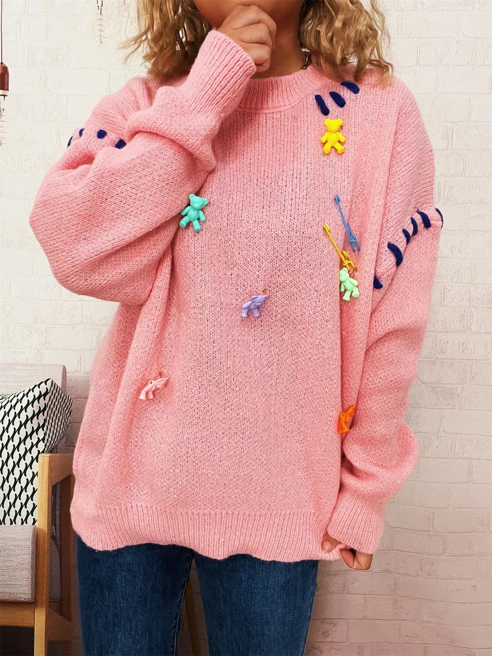 Bear Decoration Round Neck Sweater, image 5