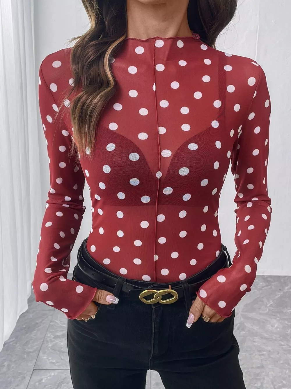 Sheer Polka Dot Long Sleeve Mock Neck Top, image 10