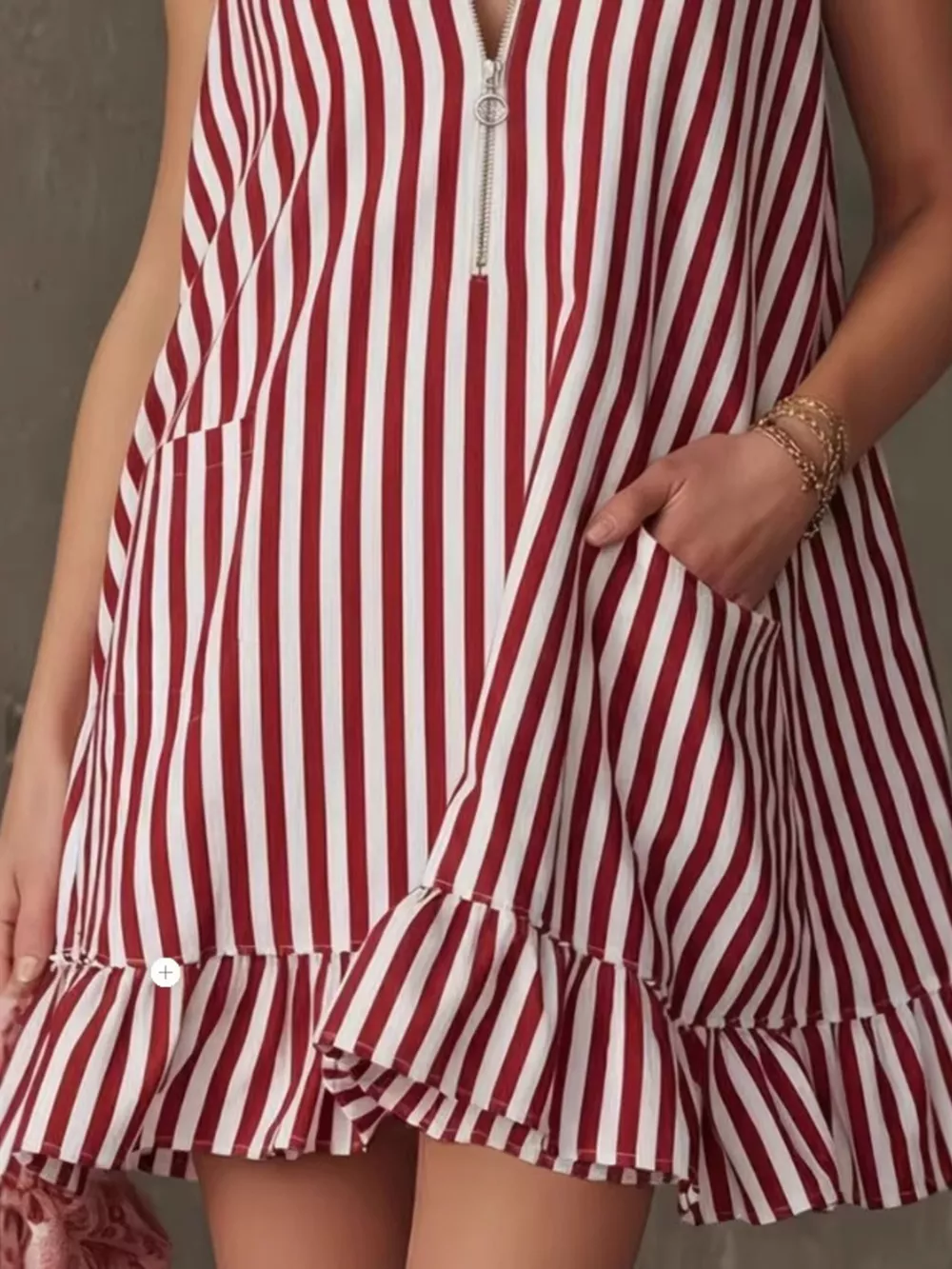 Striped Zipper Neck Ruffle Hem Dress, image 5