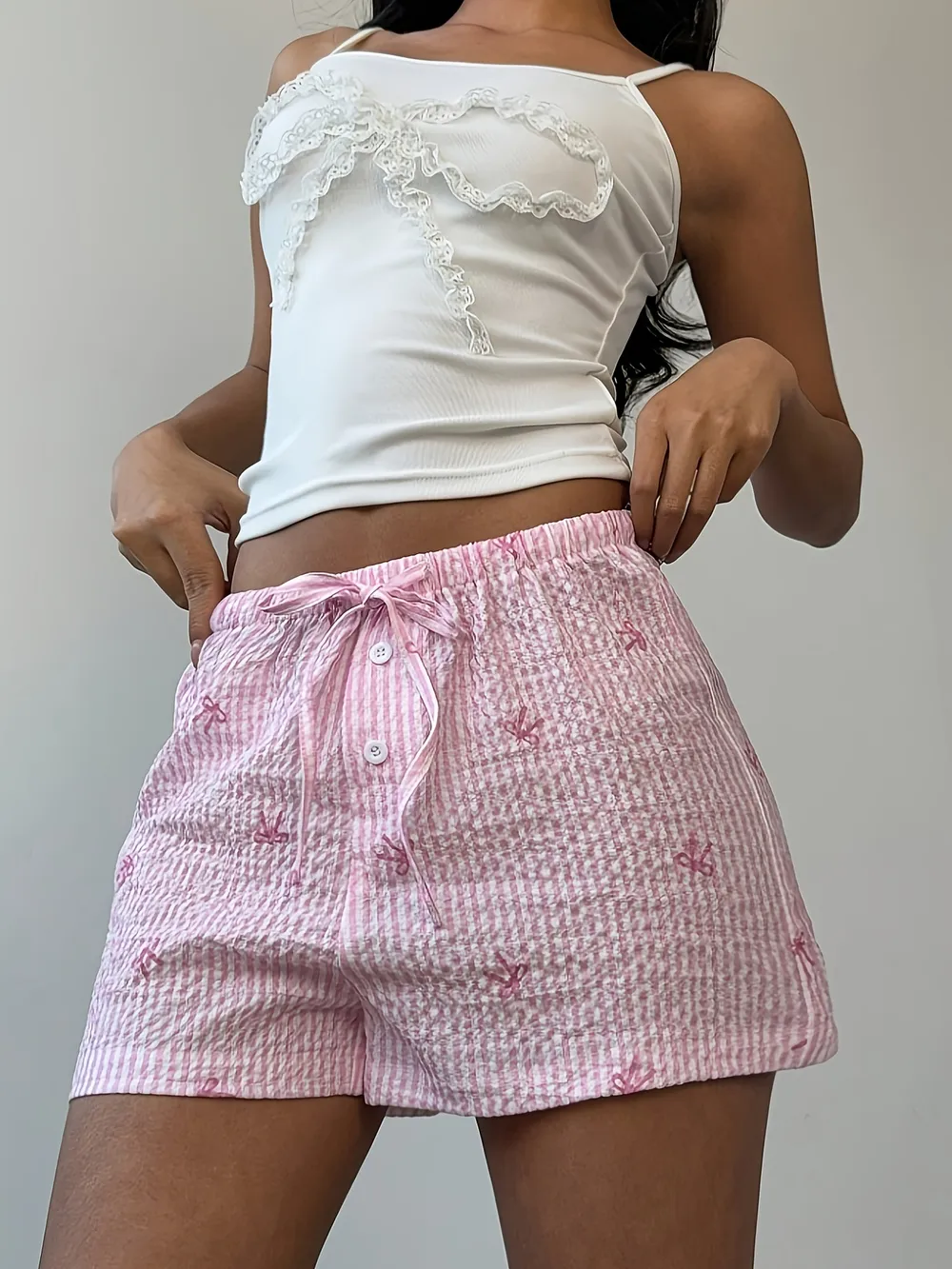 Bow Striped Drawstring Casual Shorts, image 4