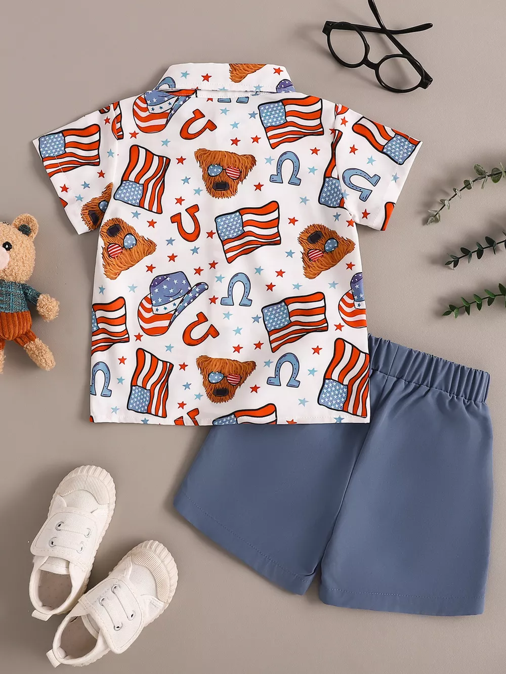 Children's American Flag Print Bow Tie Shirt & Shorts Set, image 7