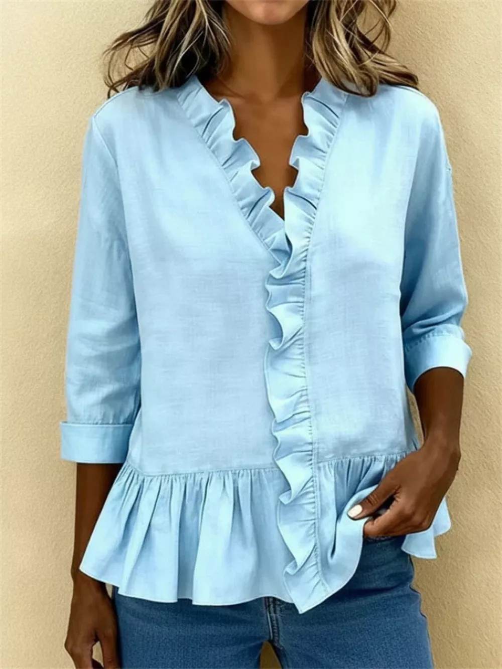 Full Size Ruffled V-Neck Long Sleeve Blouse Plus Size, image 7