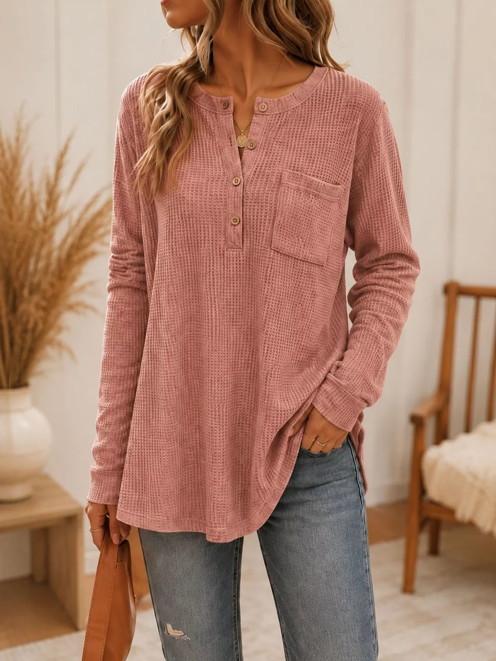 Waffle Knit Button Detail Top, image 5