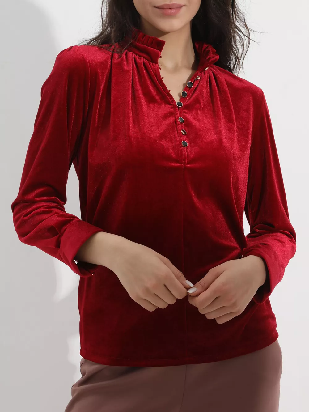Elegant Velvet Ruffle Neck Blouse, image 3