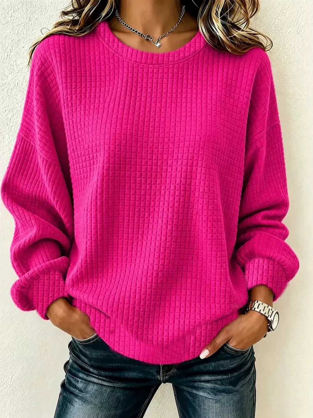 Full Size Textured Crew Neck Long Sleeve Sweatshirt Plus Size, image 9