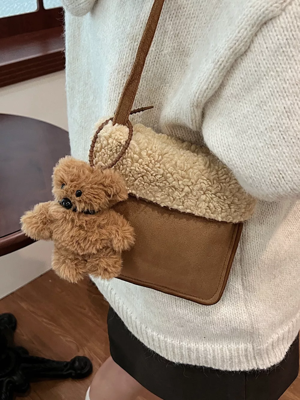 Teddy Bear Charm Plush Trim Crossbody Bag, image 2