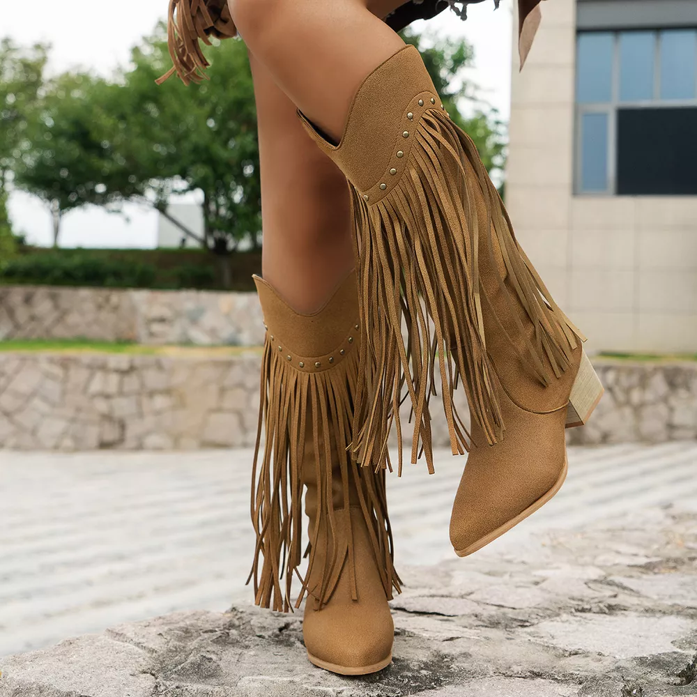 Fringe Point Toe Block Heels Boots, image 6