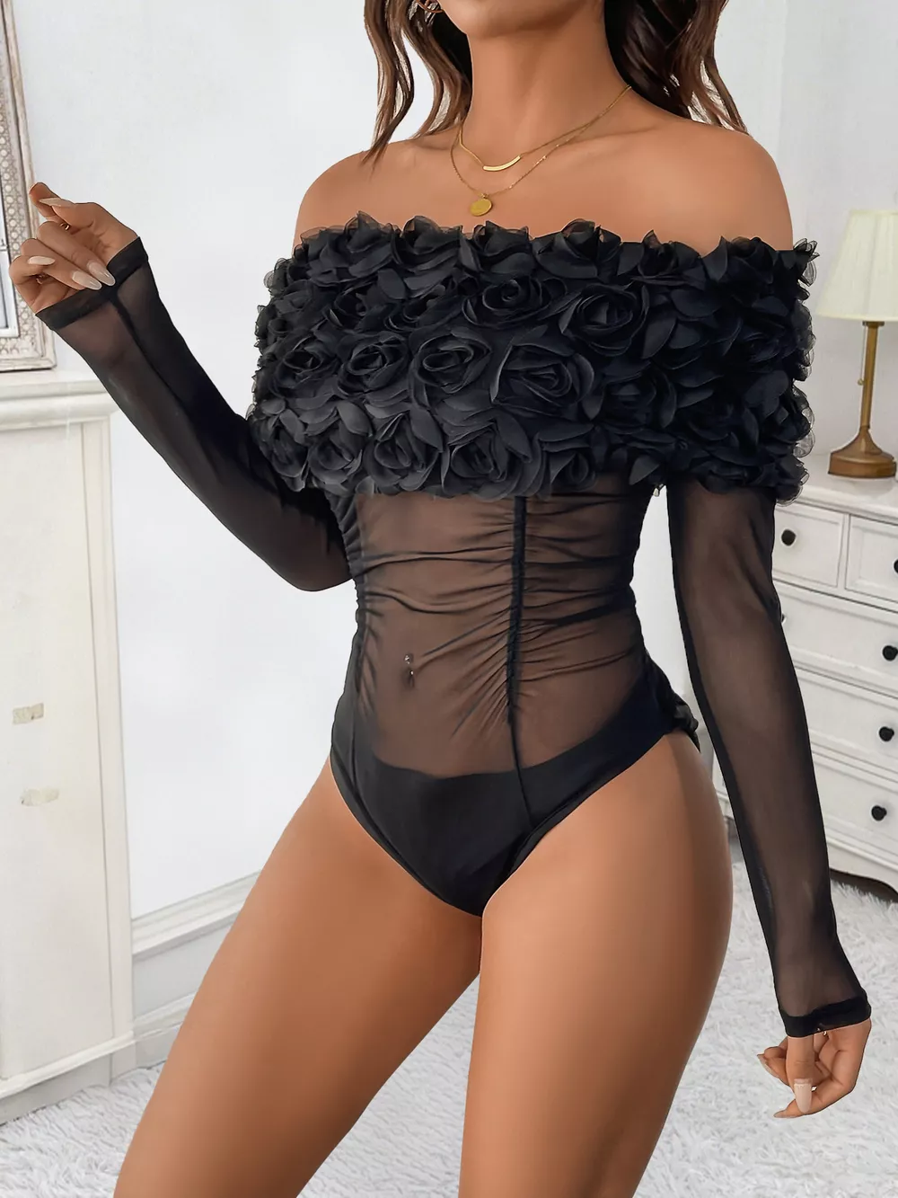 Flower Off-Shoulder Mesh Bodysuit, image 8