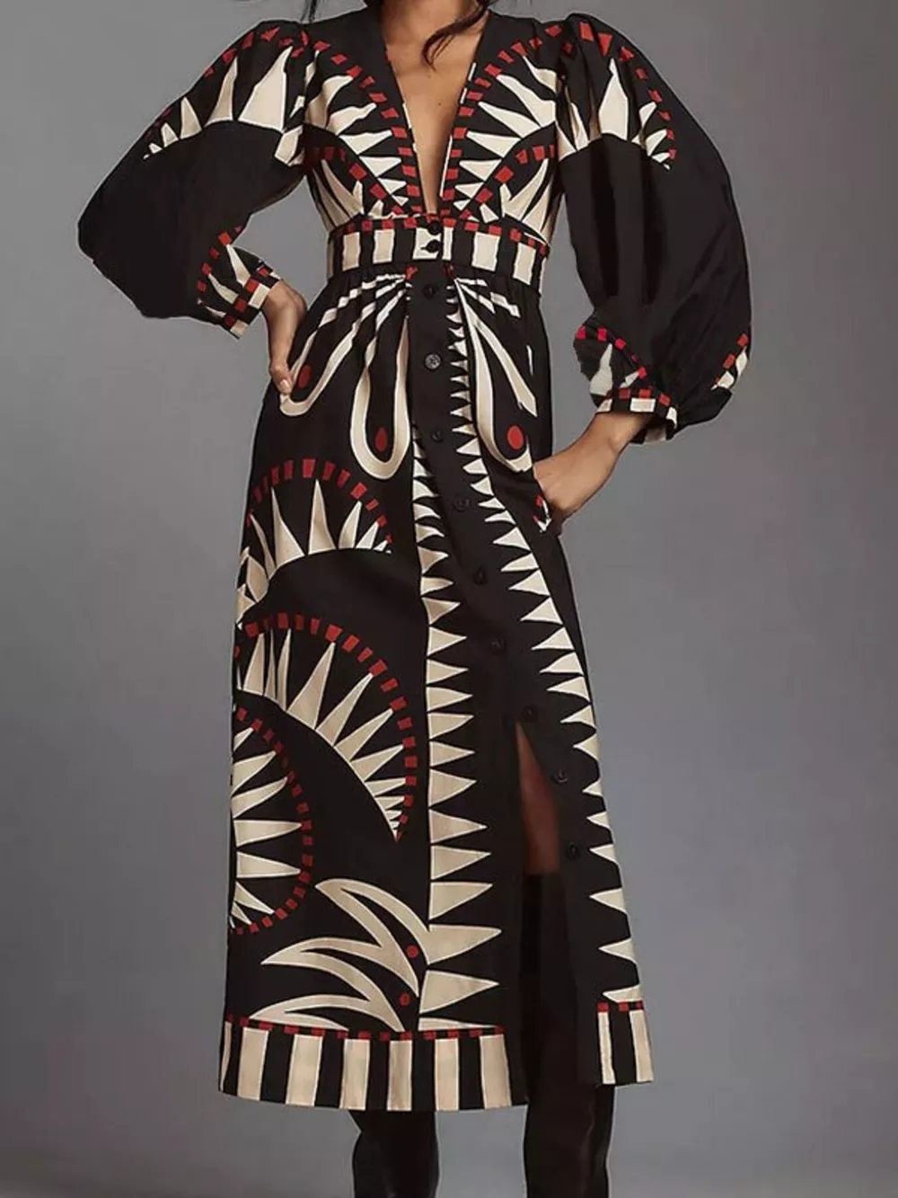 Full Size Geometric Long Sleeve Dress Plus Size, image 3