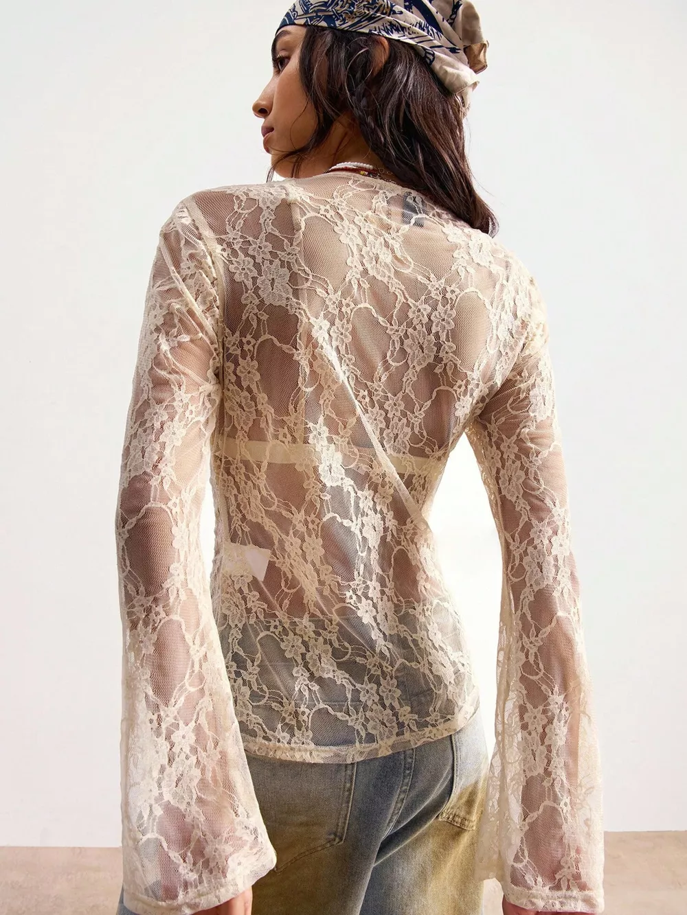 Elegant Sheer Lace Button-Down Shirt, image 4