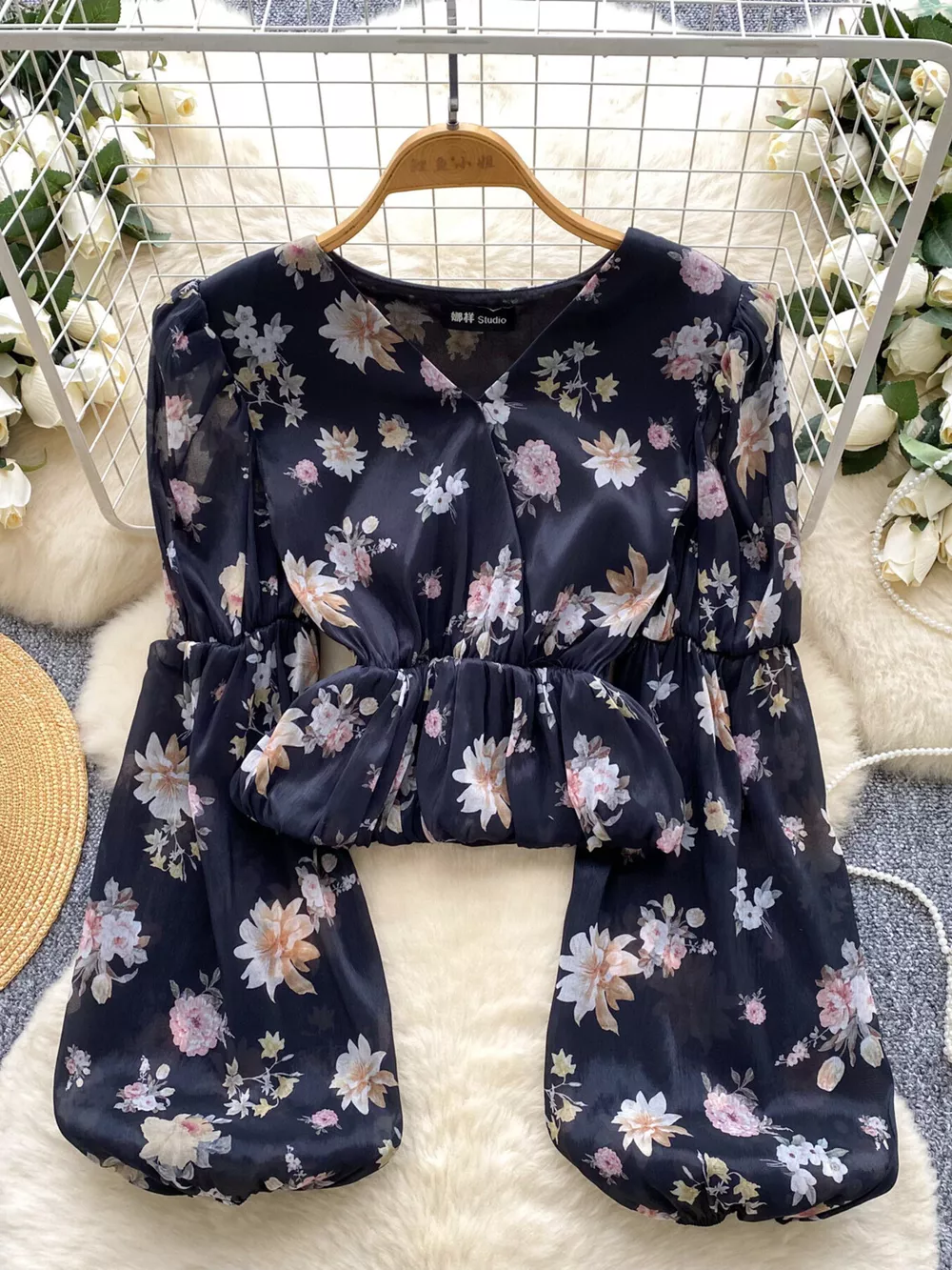 Floral Print Chiffon Balloon Sleeve Blouse, image 11
