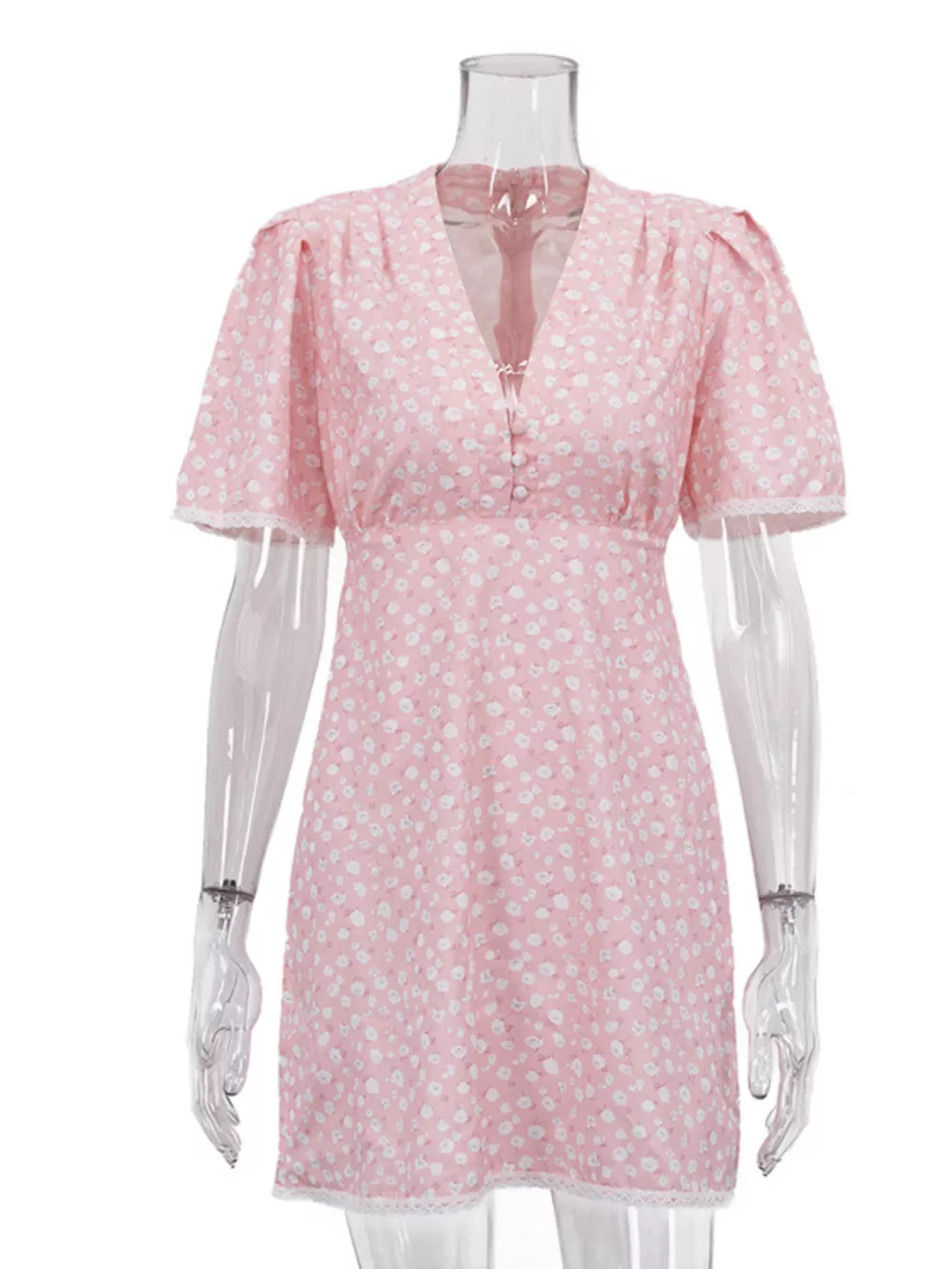 V-Neck Puff Sleeve Mini Dress with Lace Trim, image 6